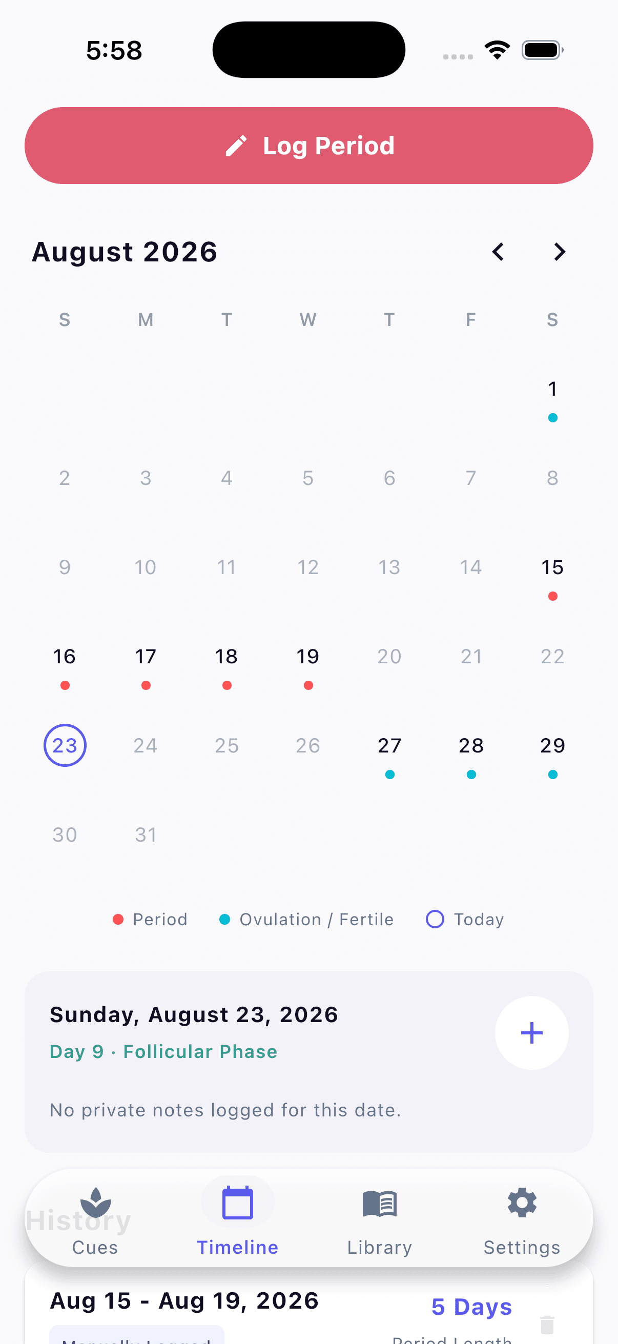 Period tracker for men — PartnerCue calendar screen for August 2026 with period and ovulation days marked