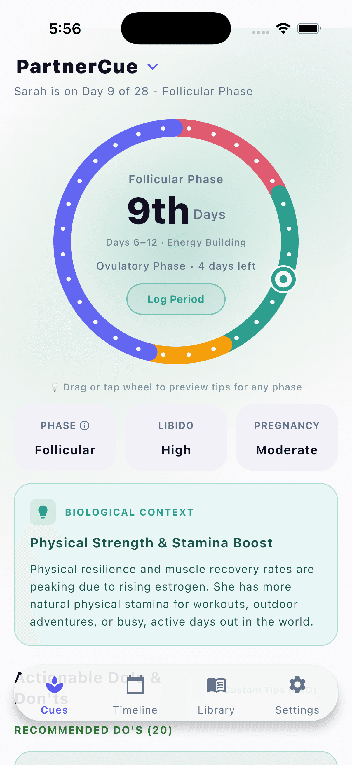 Period tracker for men — PartnerCue app showing a cycle phase wheel with today's phase, libido, and pregnancy chance at a glance