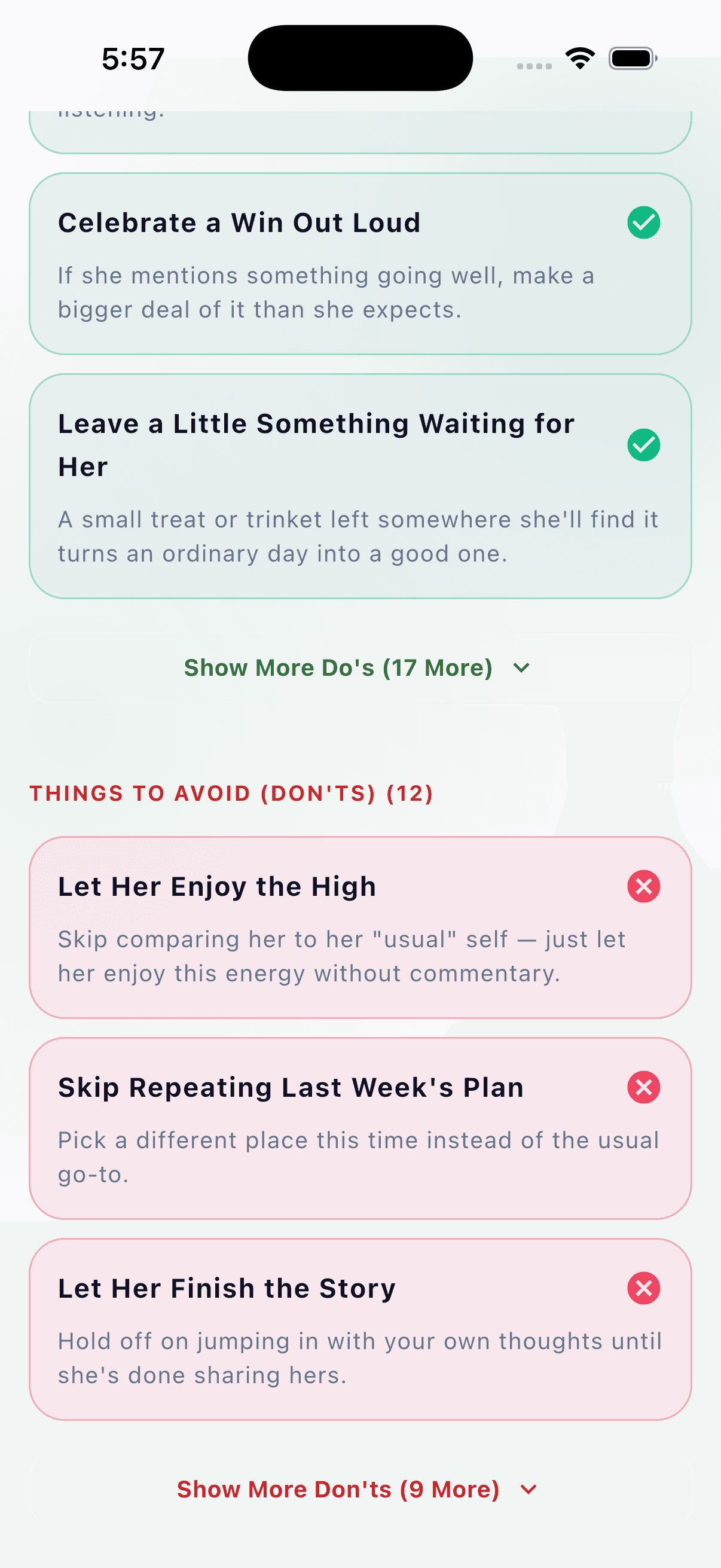 Period tracker for men — PartnerCue do's and don'ts detail screen with specific gestures like 'Celebrate a Win Out Loud' and things to avoid like 'Skip Repeating Last Week's Plan'