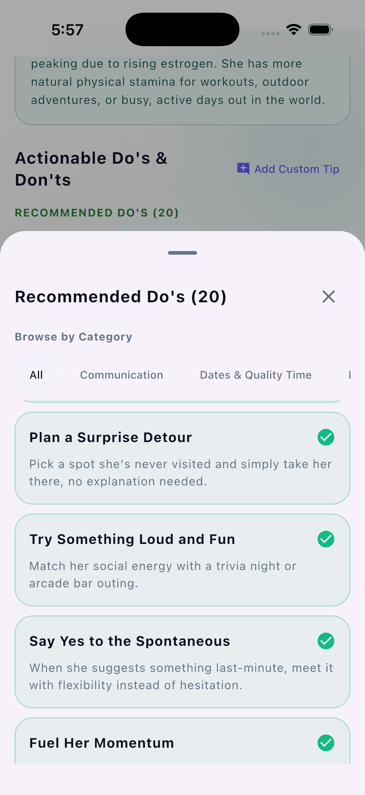 Period tracker for men — PartnerCue recommended do's screen with category filters like communication and dates & quality time