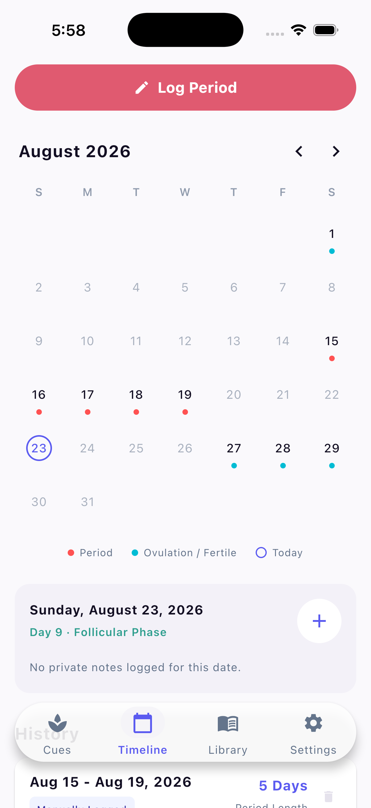PartnerCue calendar screen for August 2026 with period and ovulation days marked