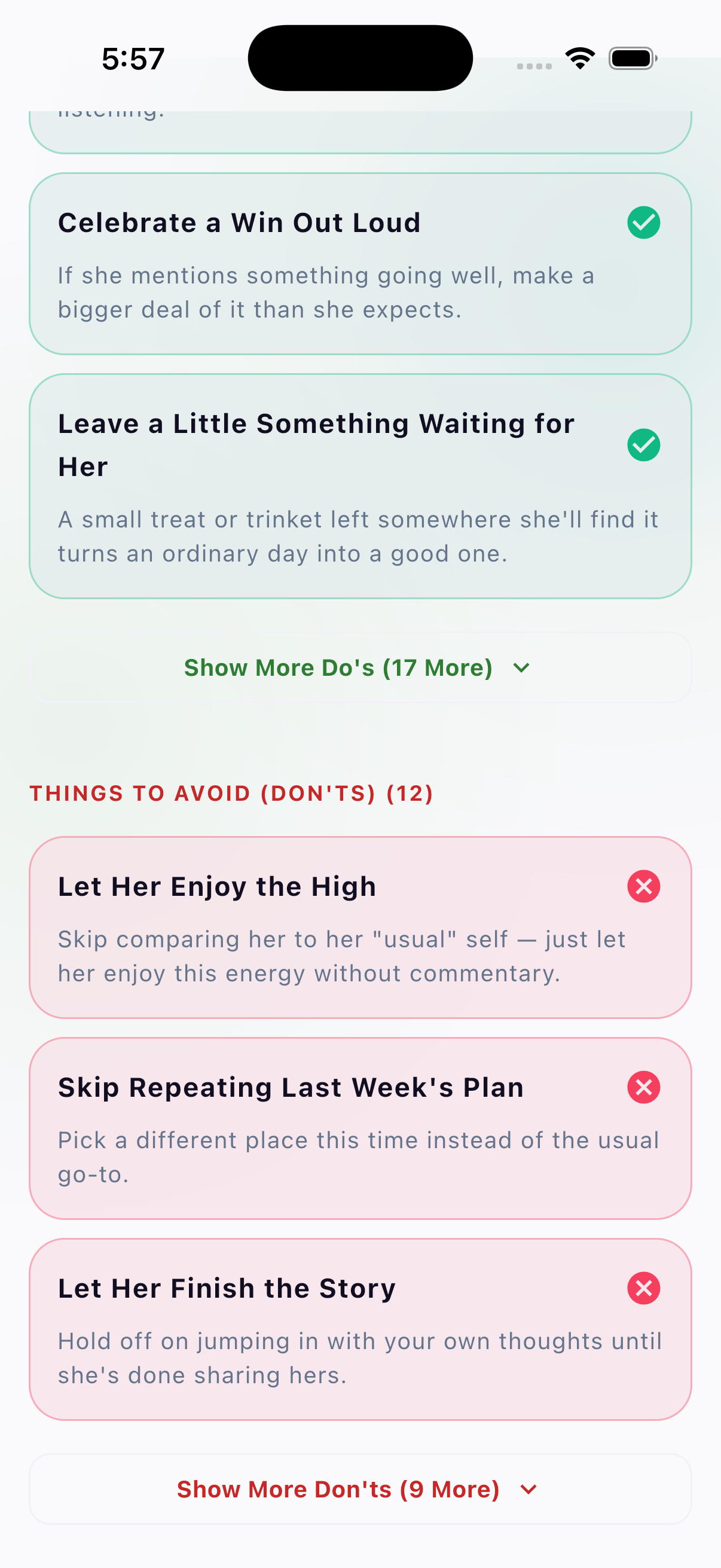 PartnerCue do's and don'ts detail screen with specific gestures like 'Celebrate a Win Out Loud' and things to avoid like 'Skip Repeating Last Week's Plan'