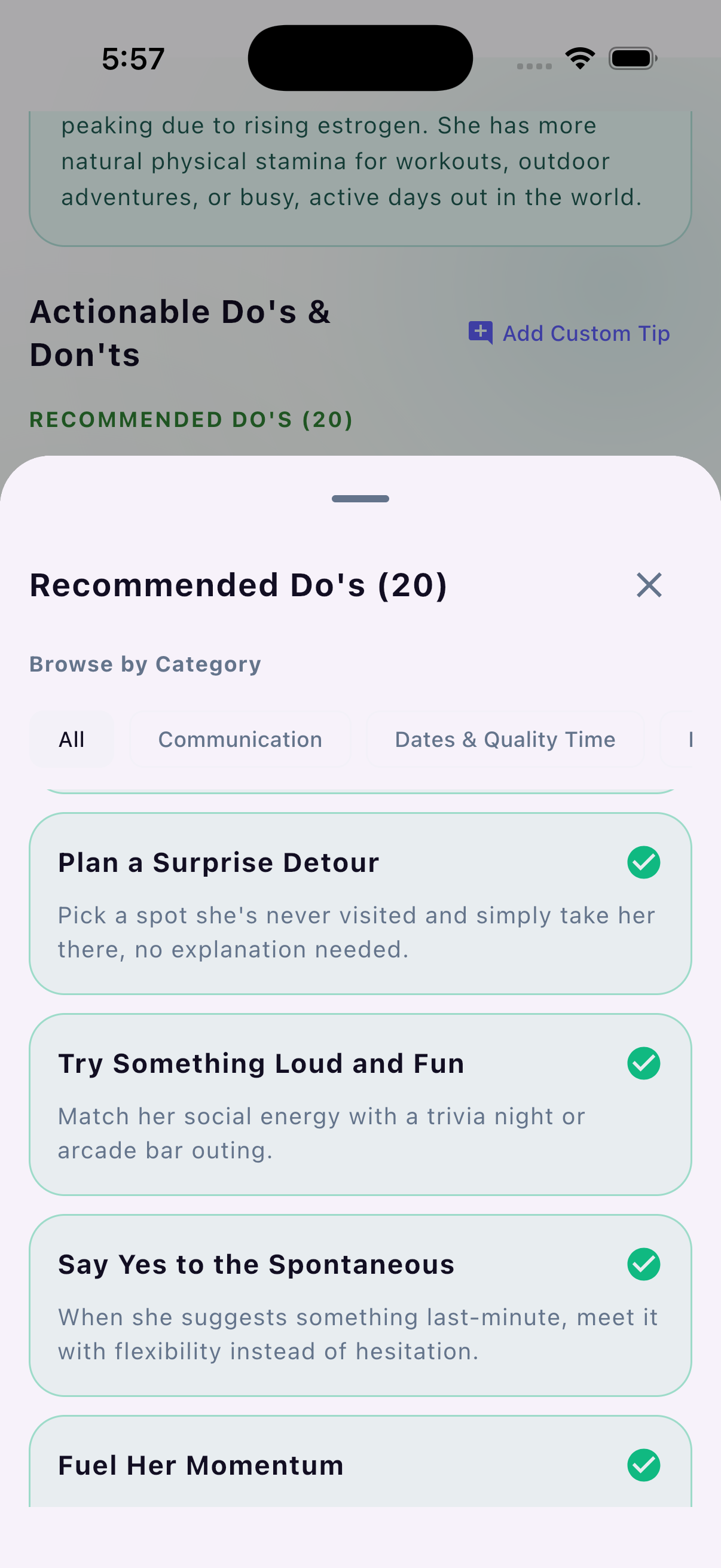 PartnerCue recommended do's screen with category filters like communication and dates & quality time